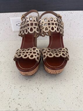 Tory Burch Nori Metallic Gold Laser Cut Cork Wedge Sandals